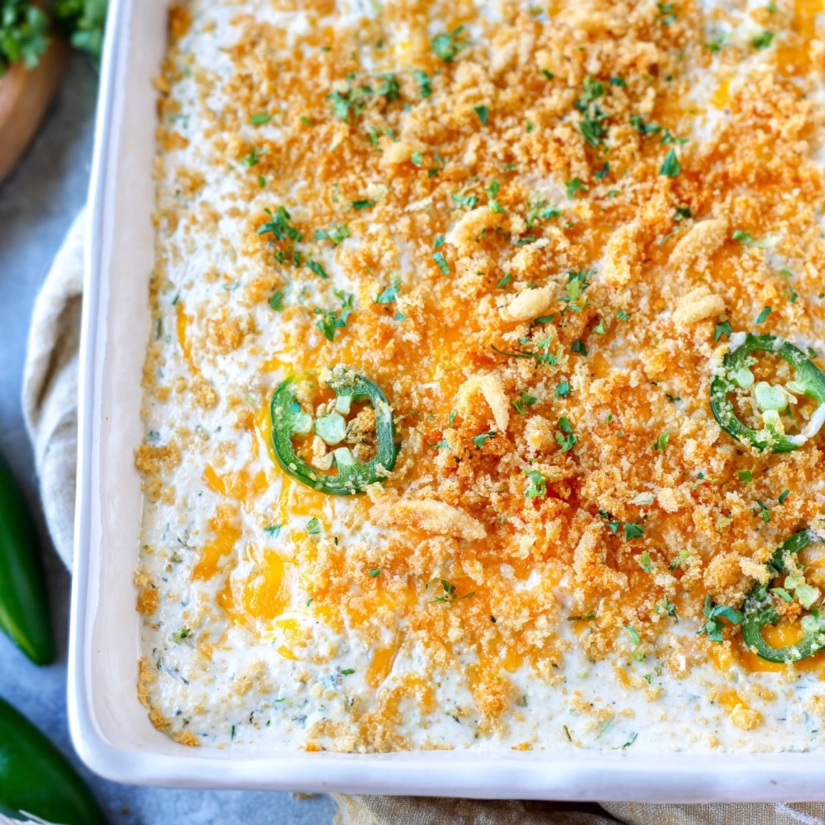 This golden-brown Jalapeño Popper Dip features a bubbly, cheesy texture with diced jalapeños, making it the perfect warm party appetizer.