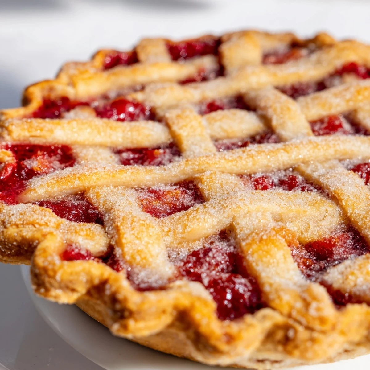 A freshly baked Cherry Pie with Lattice Crust, featuring a golden, flaky crust and a ruby-red, bubbly cherry filling ready to serve.