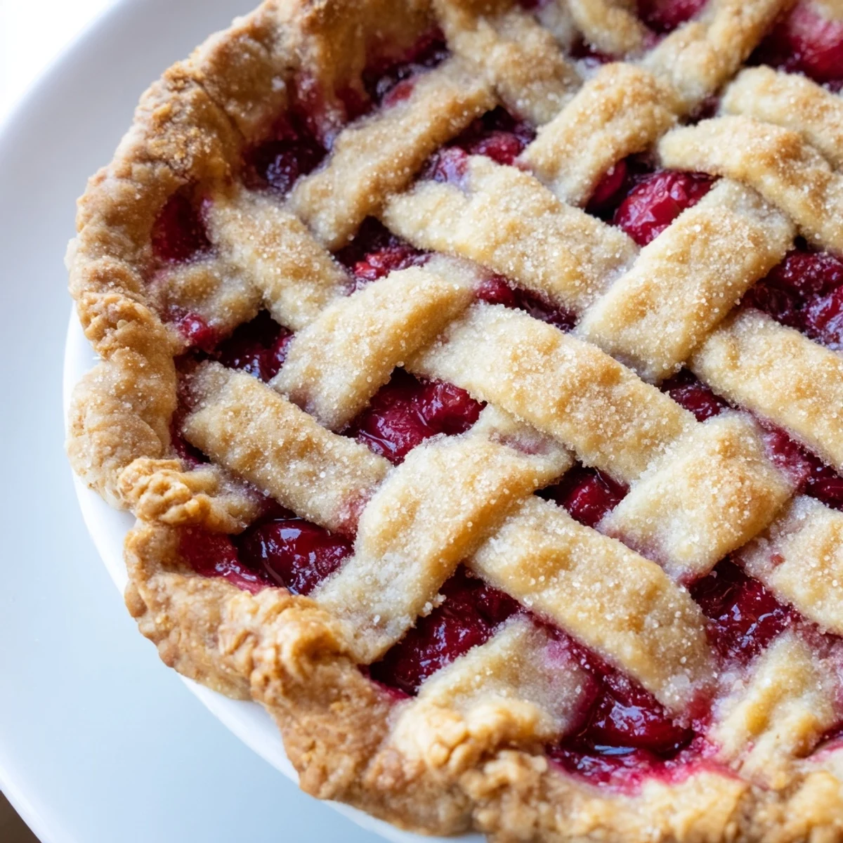 Sliced piece of Cherry Pie with Lattice Crust on a white plate, showcasing the sweet-tart filling and crumbly, homemade crust texture.