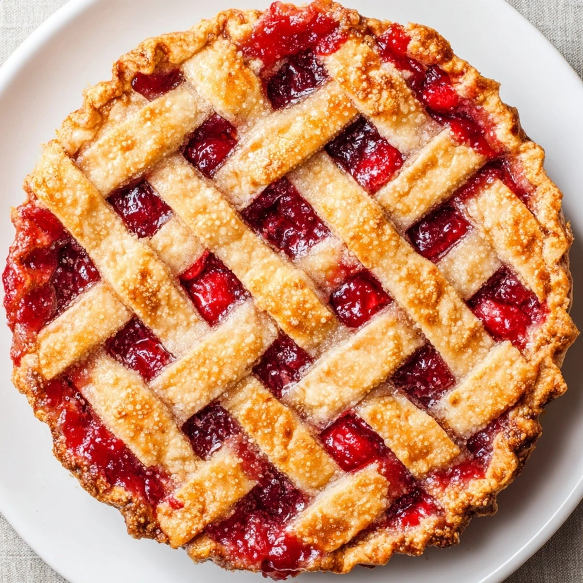 Homemade Cherry Pie with Lattice Crust cooling on a wire rack, with a vintage checkered towel and fresh cherries nearby.