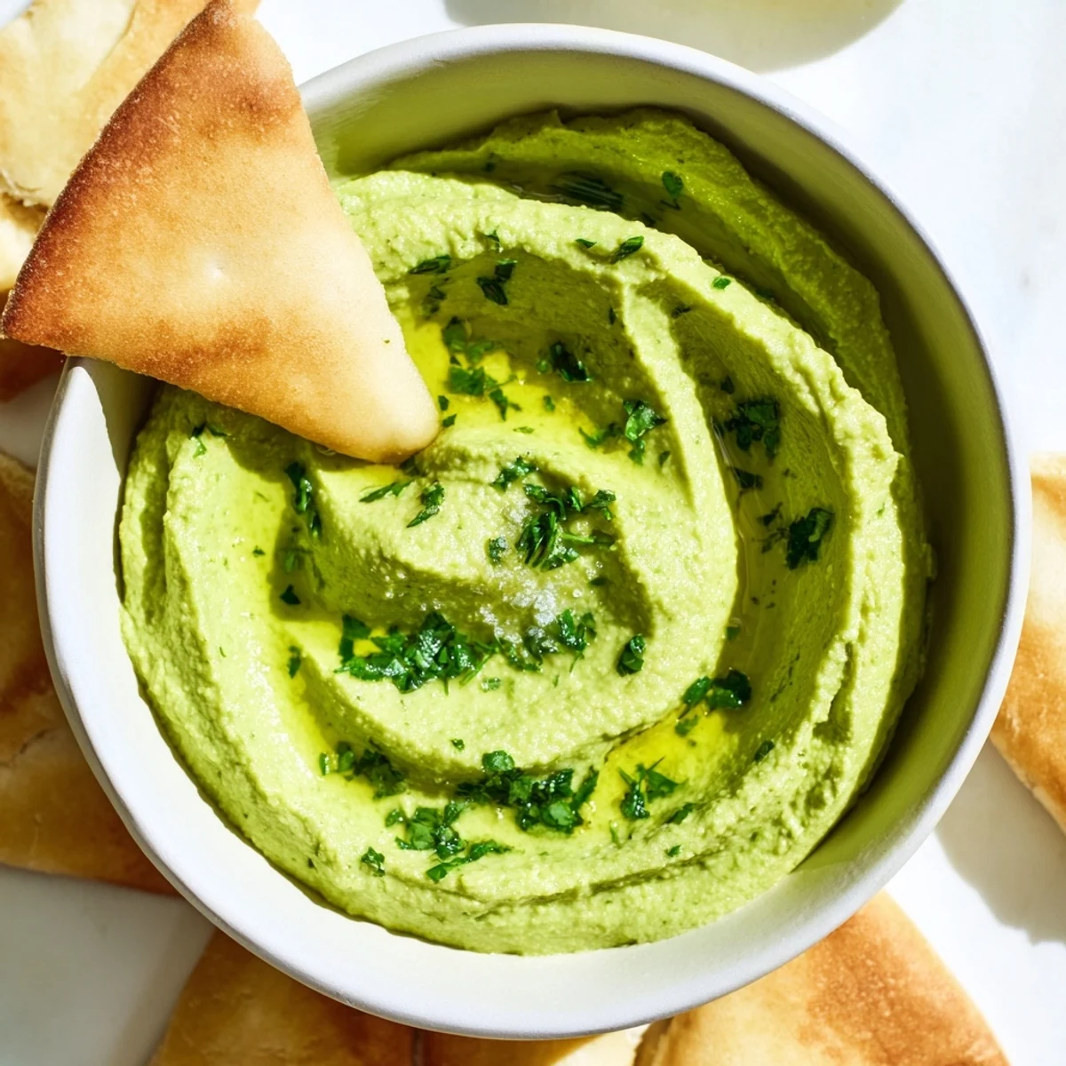 Green avocado hummus with pita chips in a rustic bowl, drizzled with olive oil and garnished with fresh herbs.