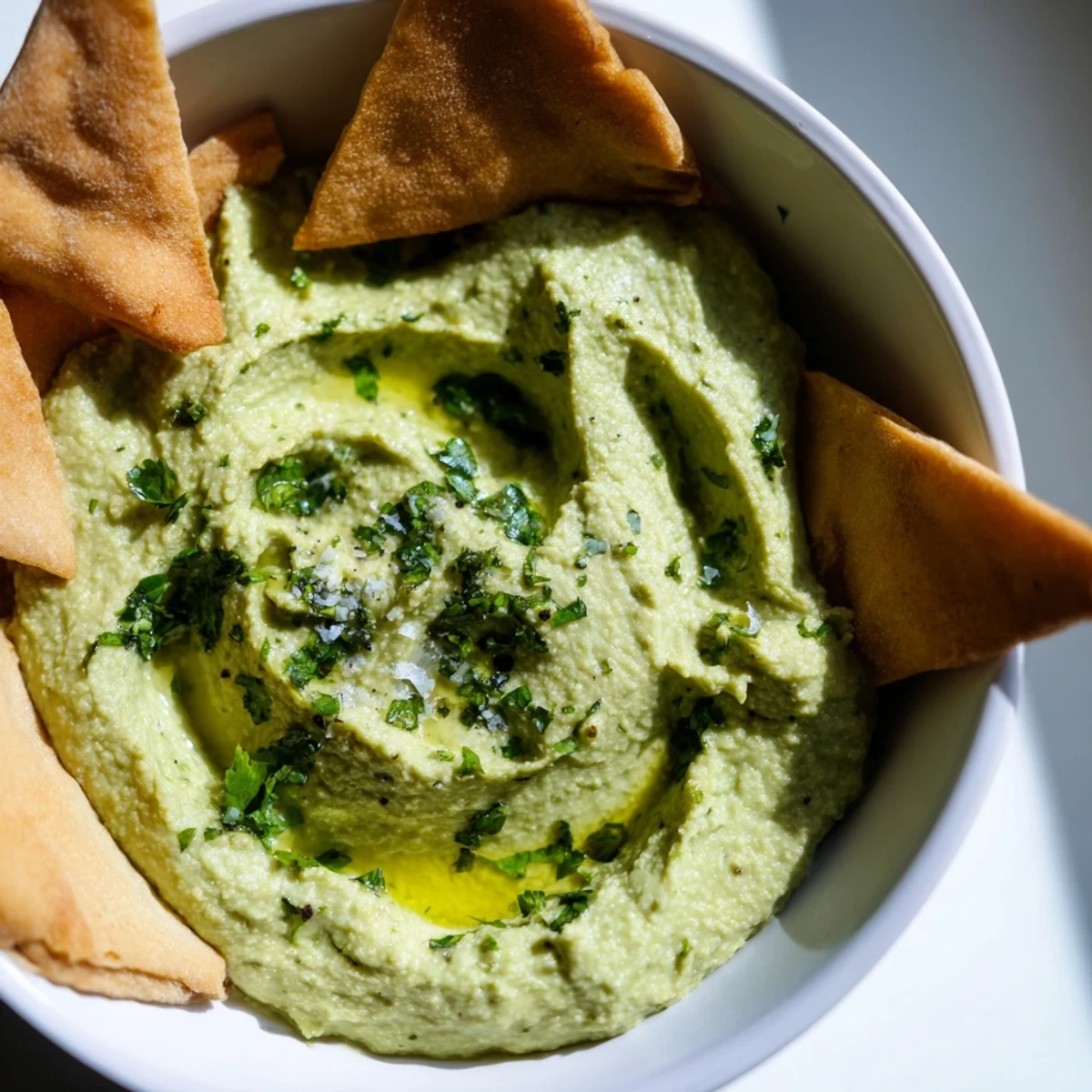 Vibrant green avocado hummus topped with olive oil, paired with crispy pita chips on a white plate.