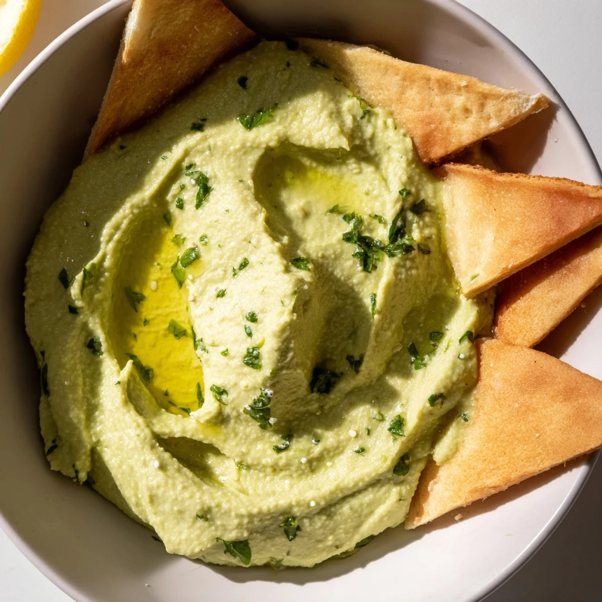 Creamy green avocado hummus served with golden, oven-baked pita chips on a wooden board for dipping.