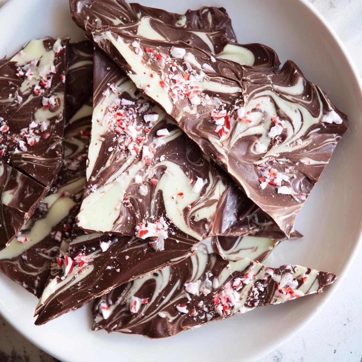 A close-up of homemade Mint Chocolate Bark with White Chocolate Swirl, featuring glossy dark chocolate segments studded with crushed peppermint candy.
