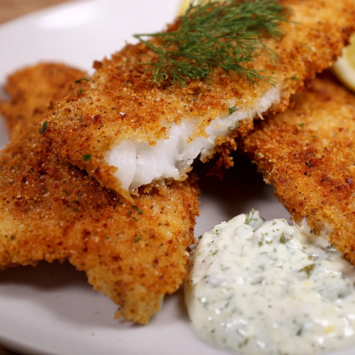 A platter of golden fried catfish, dredged in Cajun-spiced cornmeal, with a side of tangy tartar sauce for dipping.