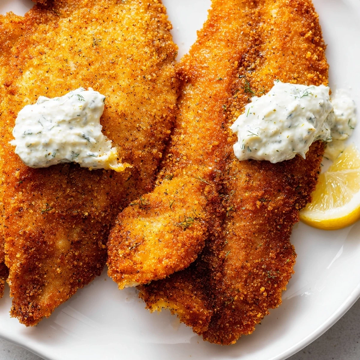 Perfectly fried Louisiana Style Fried Catfish fillets, showing a crunchy coating and flaky interior, ready to be enjoyed with lemon wedges.