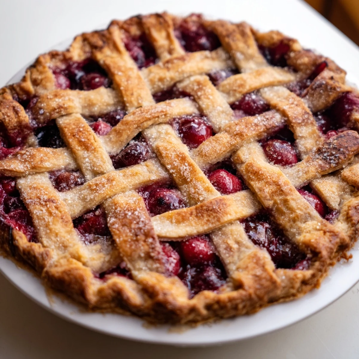 Golden-brown lattice crust on a classic American cherry pie, with juicy red filling peeking through the sugar-dusted top, served on a rustic wooden table.