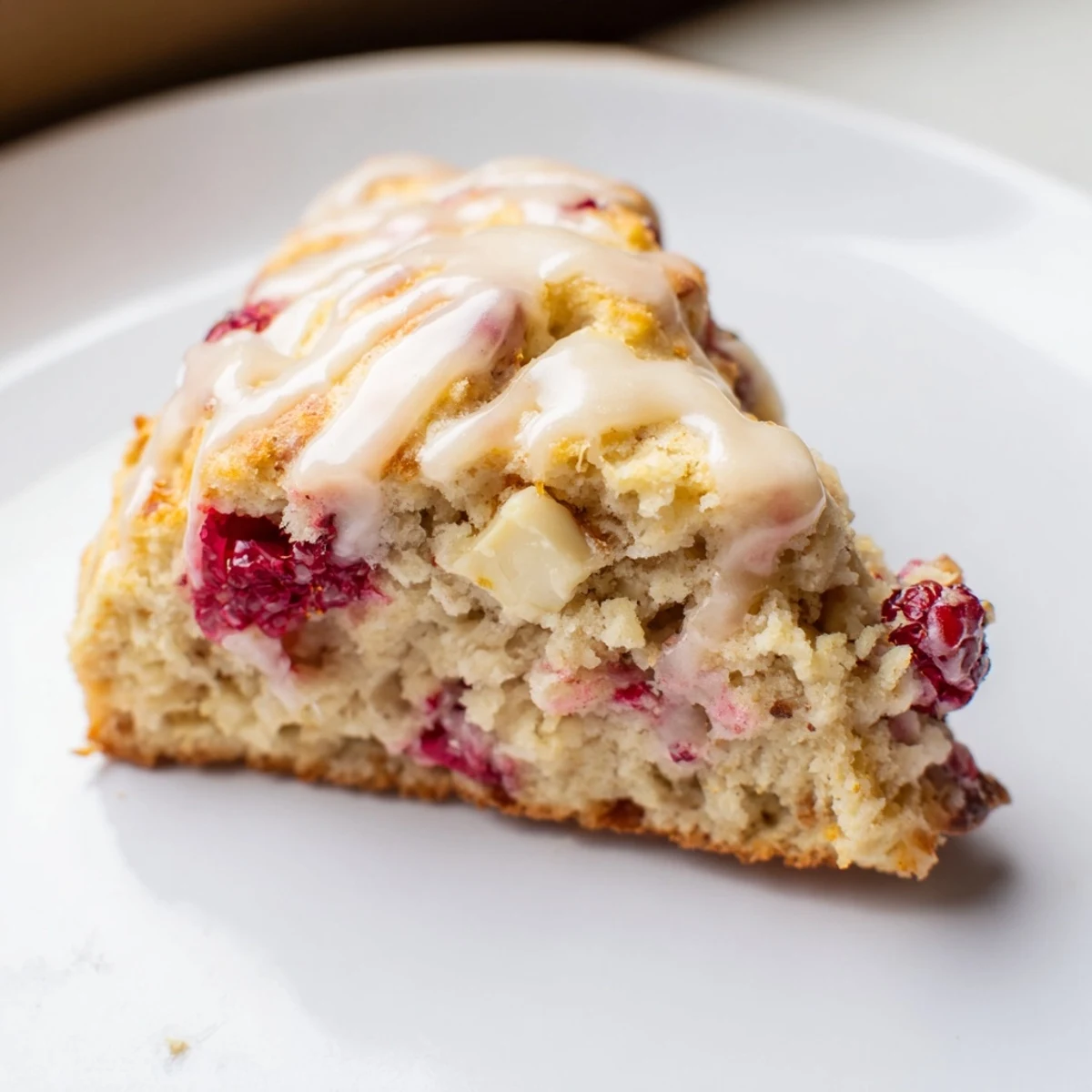 Golden-brown Raspberry White Chocolate Scones topped with drizzled glaze and fresh berries on a wooden board.