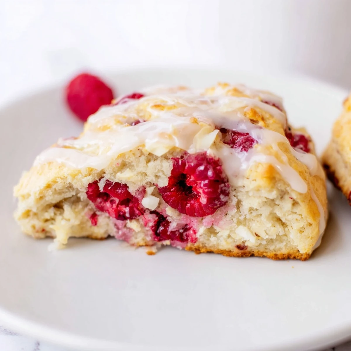 Homemade Raspberry White Chocolate Scones with juicy raspberries and creamy white chocolate chips on a rustic plate.