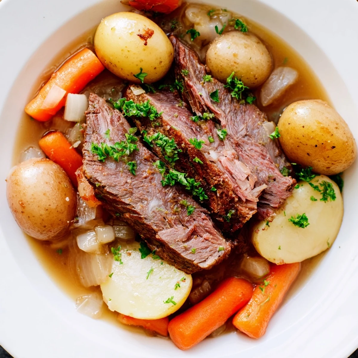 Golden-brown slices of Irish Beef Pot Roast with Carrots and Potatoes are arranged on a rustic plate, drizzled with a savory broth and garnished with fresh parsley.  