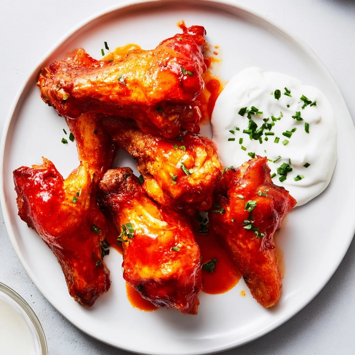 Golden-brown, crispy Spicy Chicken Wings with Ranch Dressing arranged on a platter with fresh celery sticks.