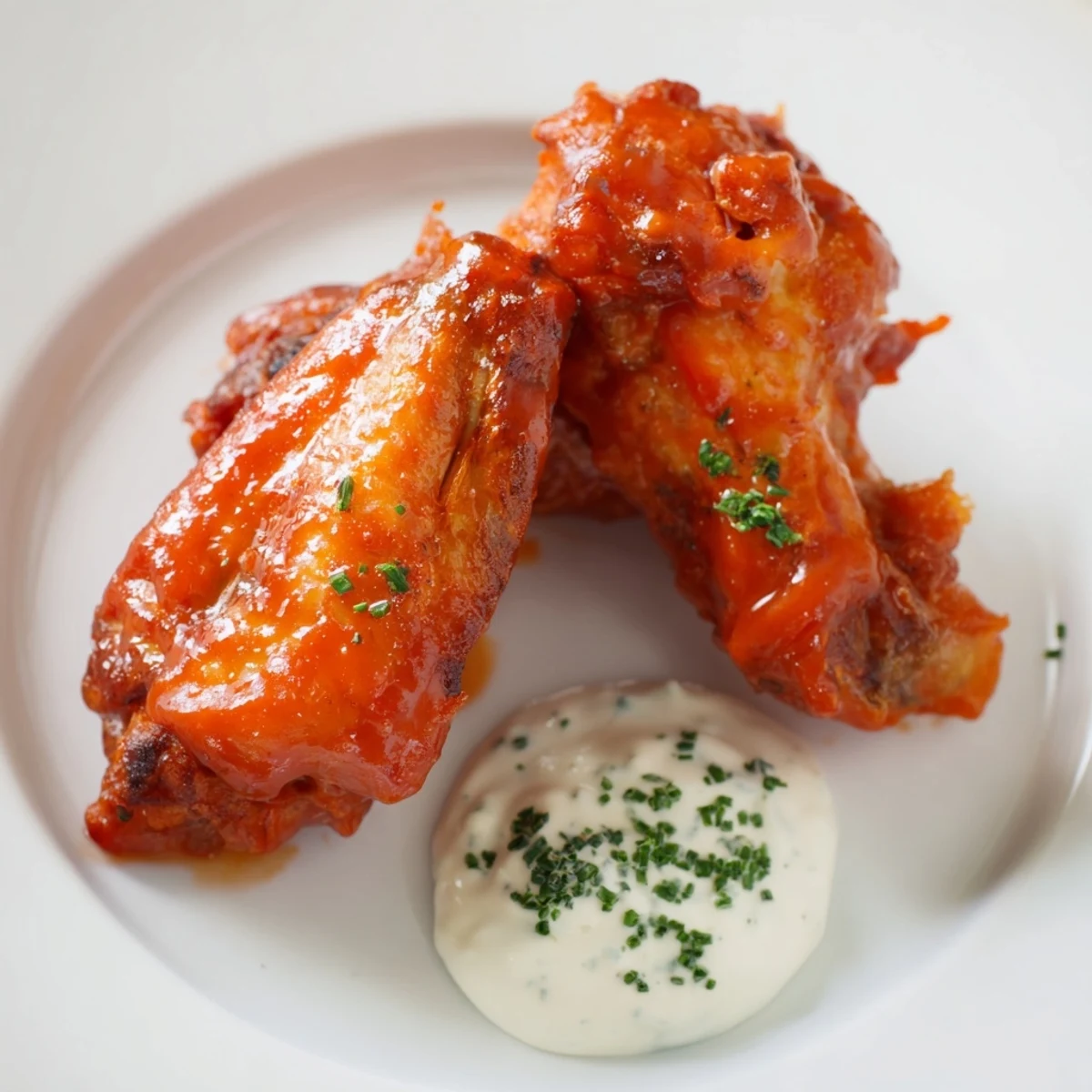 Oven-baked Spicy Chicken Wings with Ranch Dressing served alongside creamy dip and blue cheese crumbles.