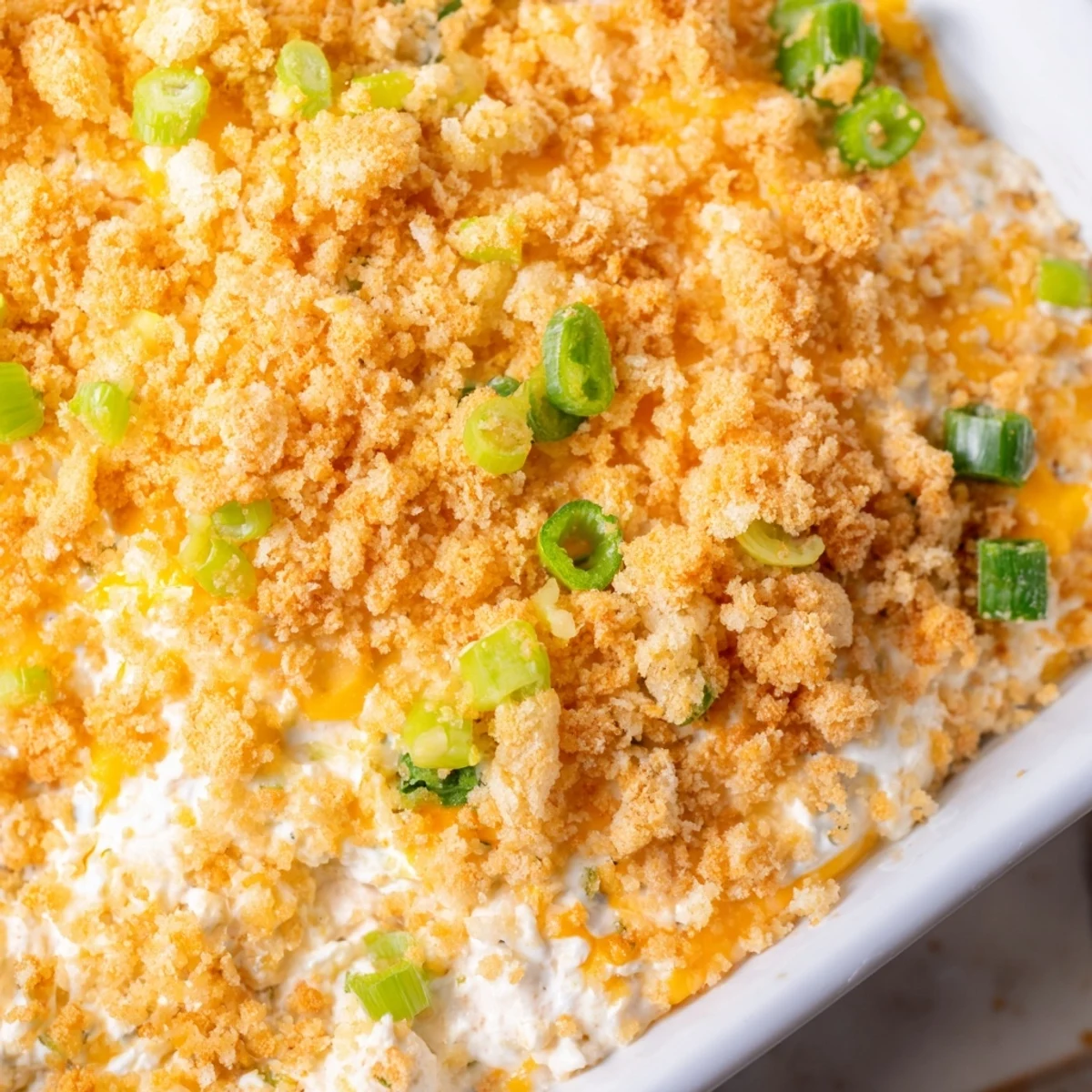 A warm bowl of Jalapeno Popper Dip with cream cheese, topped with golden panko and served with crispy tortilla chips for dipping.