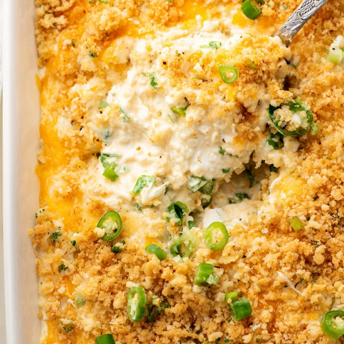 Golden-brown Jalapeno Popper Dip with creamy cheese filling and crunchy topping, served warm as a crowd-pleasing party appetizer.