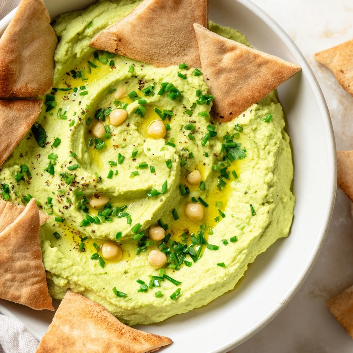 A bowl of creamy green avocado hummus topped with olive oil, surrounded by golden baked pita chips.