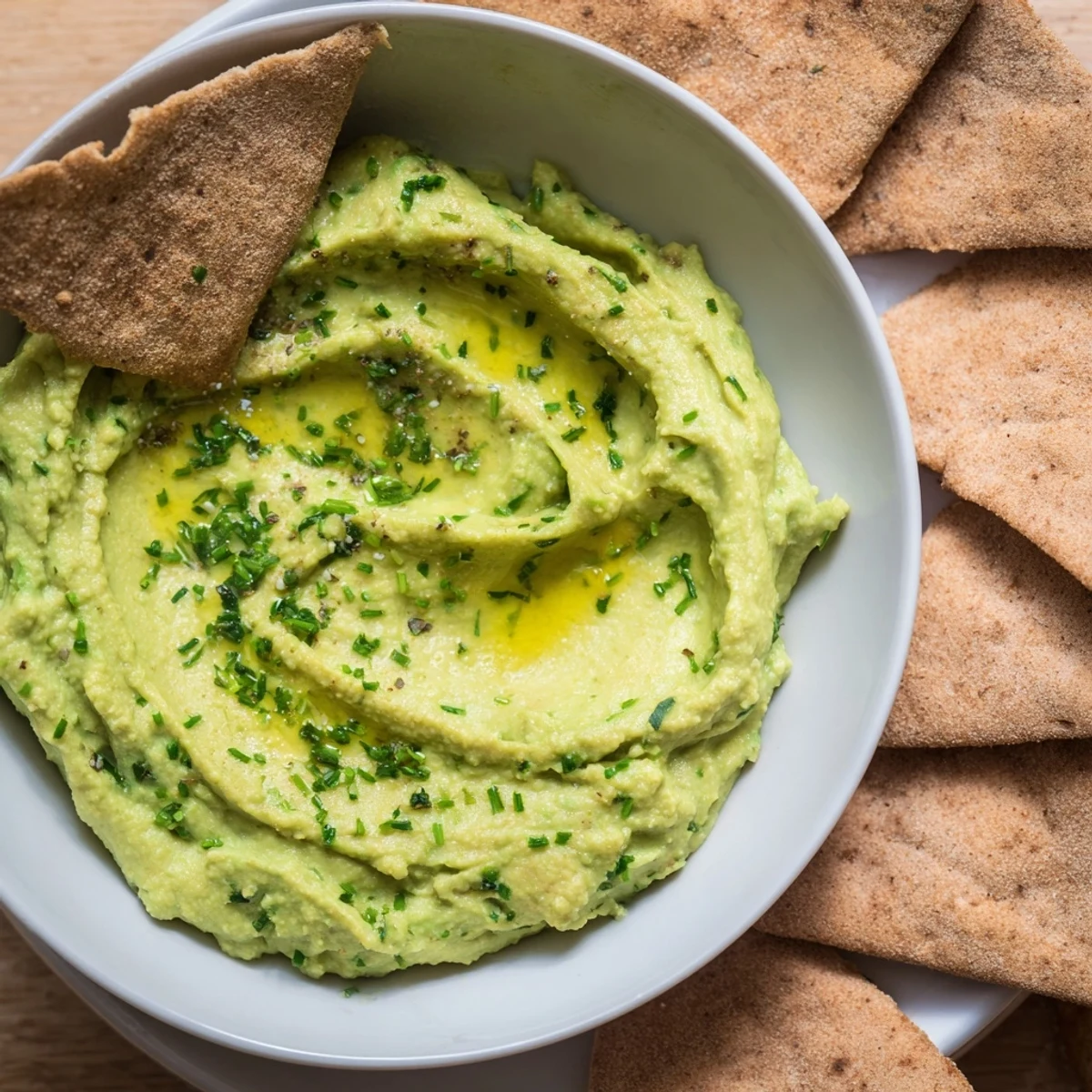 Fresh cilantro garnishes this vibrant avocado hummus dip, served with crispy, homemade pita chips for snacking.
