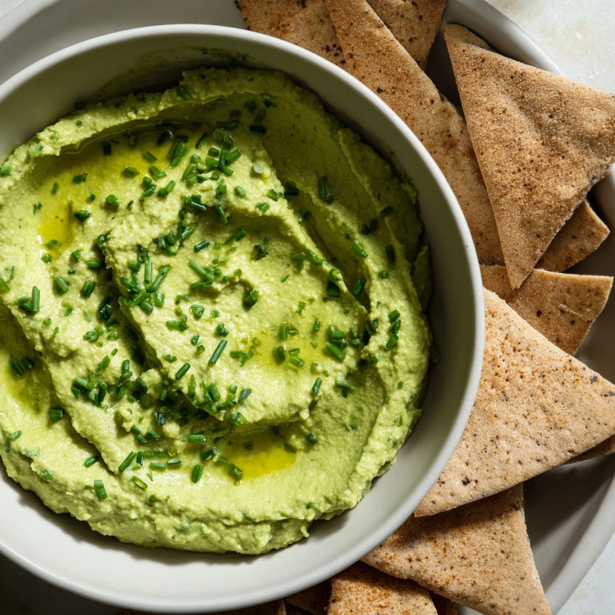 A scoop of smooth, lime-spiked avocado hummus sits next to a stack of oven-baked whole wheat pita chips.