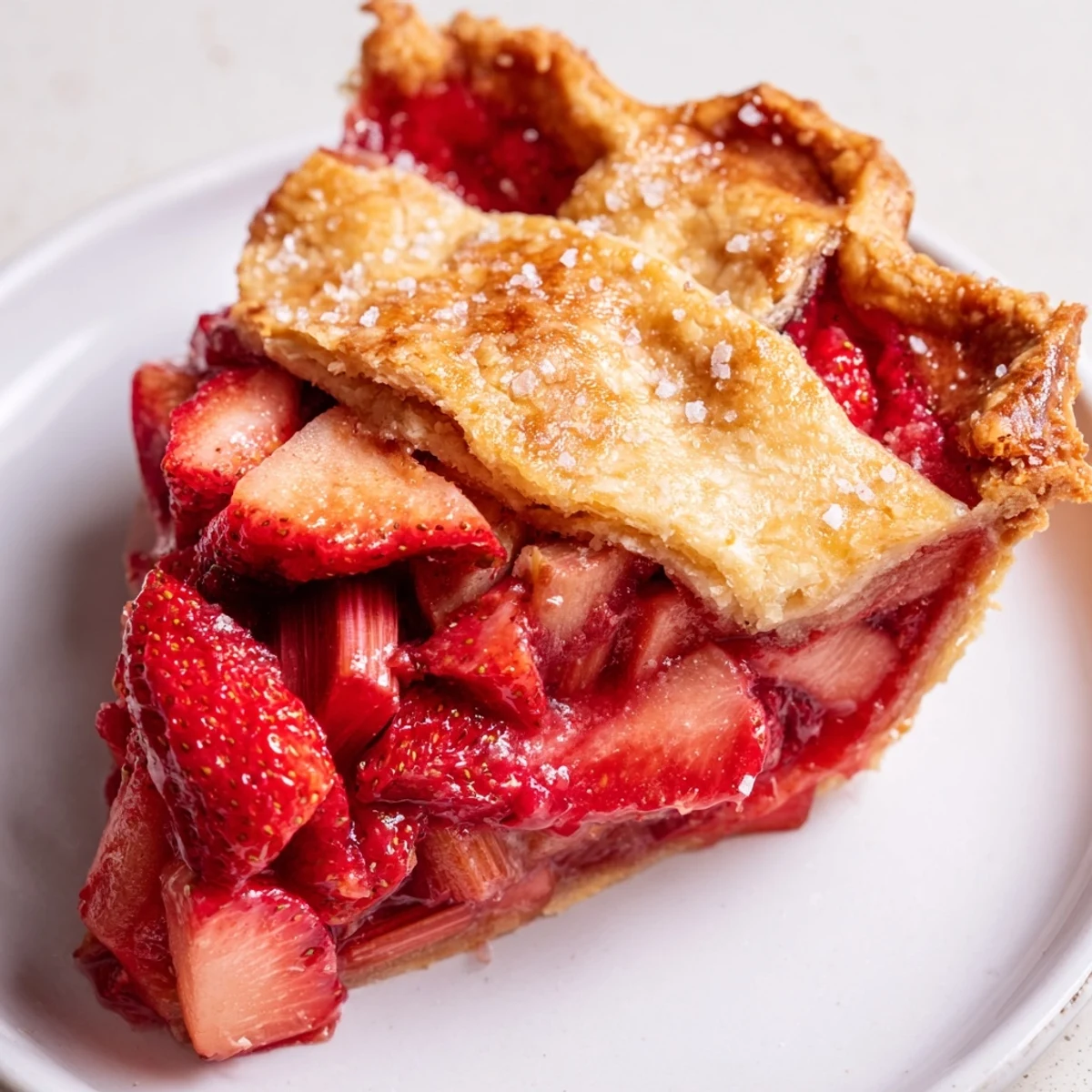 A slice of homemade strawberry rhubarb pie with a golden lattice crust, served warm with a scoop of vanilla ice cream melting on top.