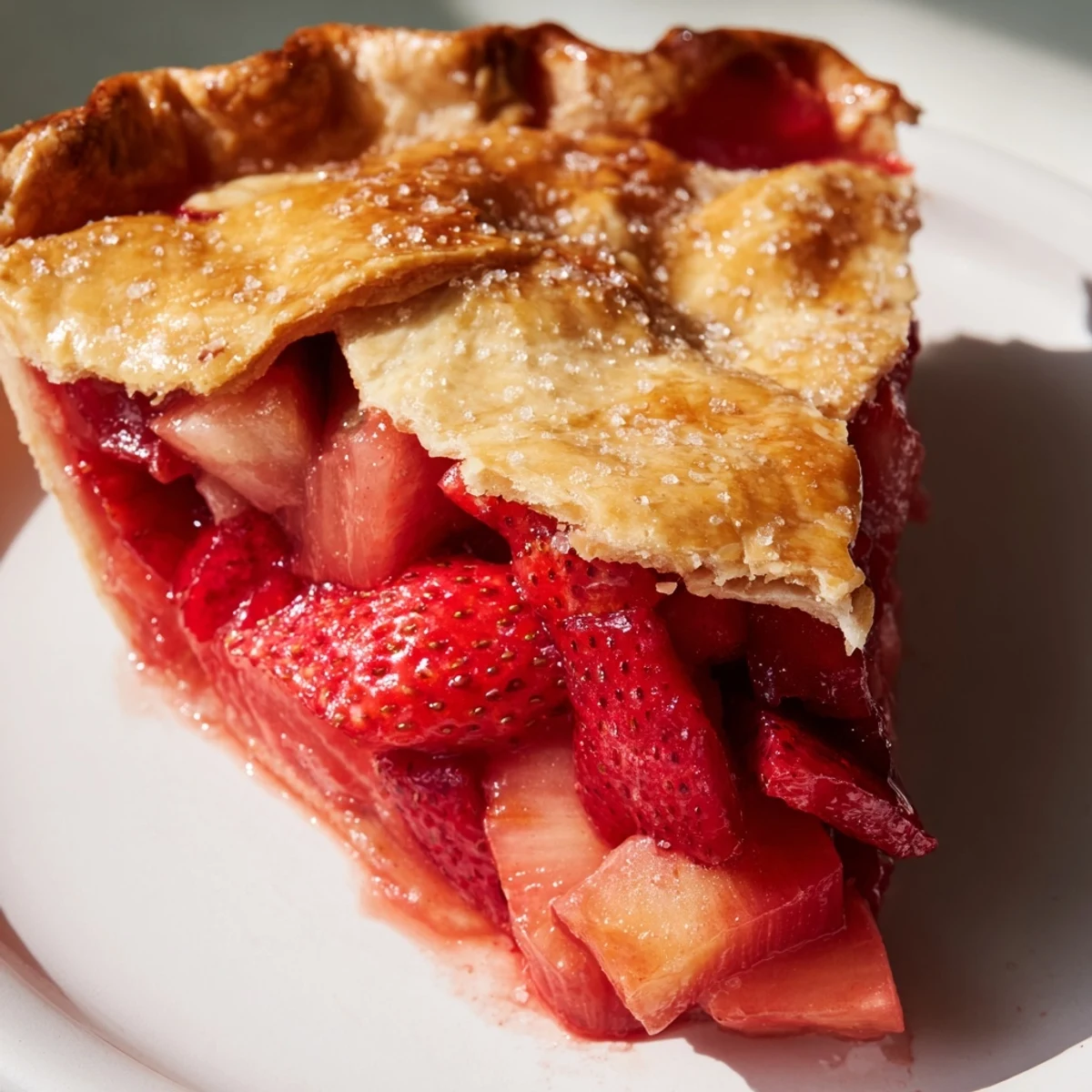 Close-up on a bubbling strawberry rhubarb pie filling peeking through a crisp, buttery lattice crust, highlighting the vibrant red fruit.