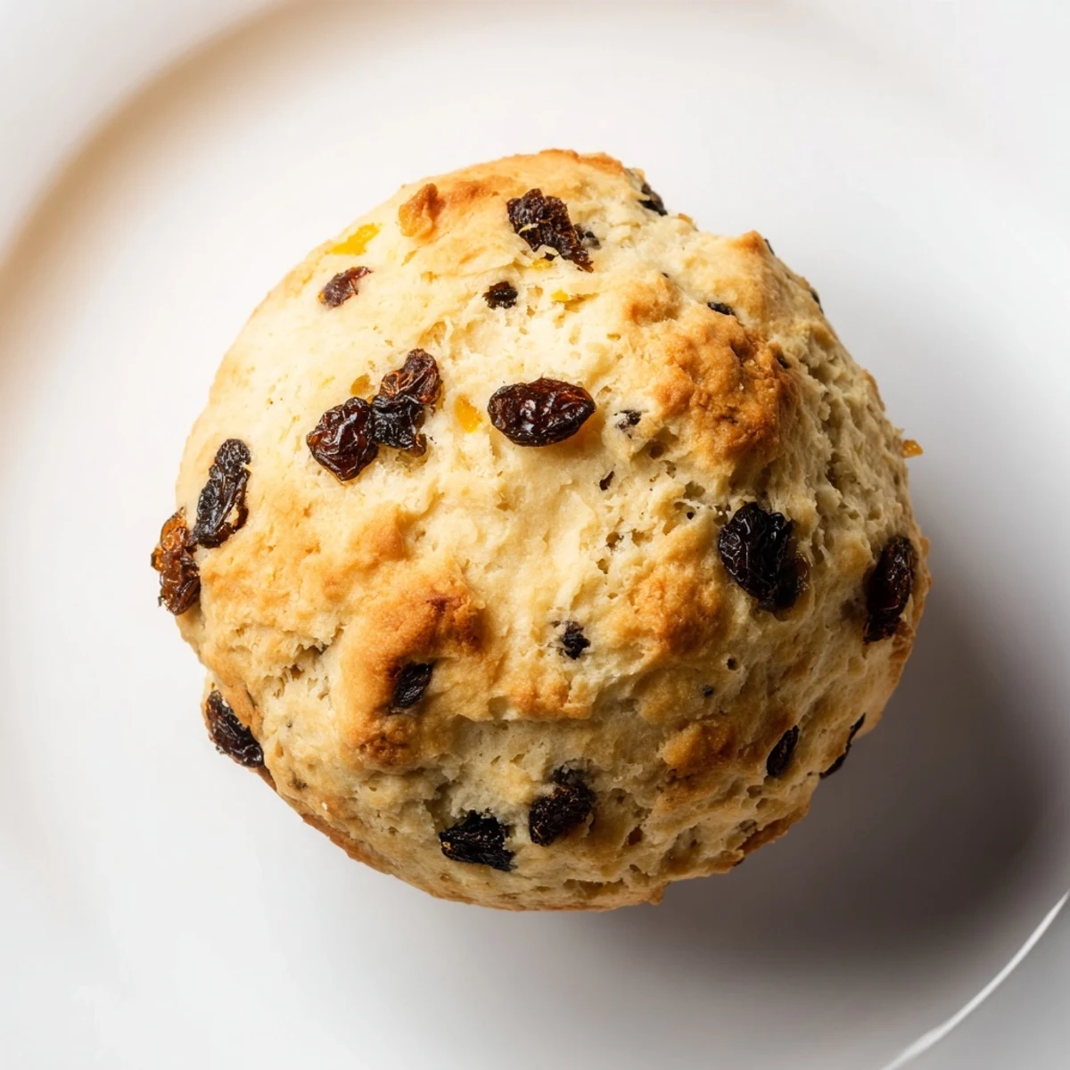 Golden-brown Irish Soda Bread Muffins with Currants, fresh from the oven and dusted with flour.