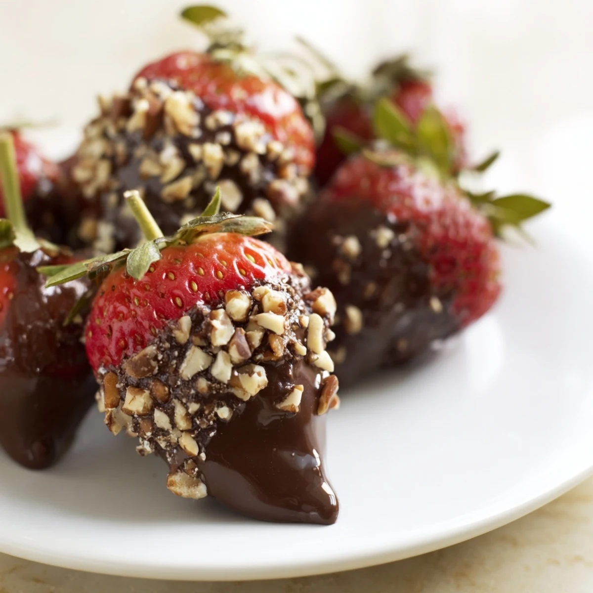 Juicy strawberries dipped in dark chocolate and sprinkled with chopped nuts, served on a white platter.  