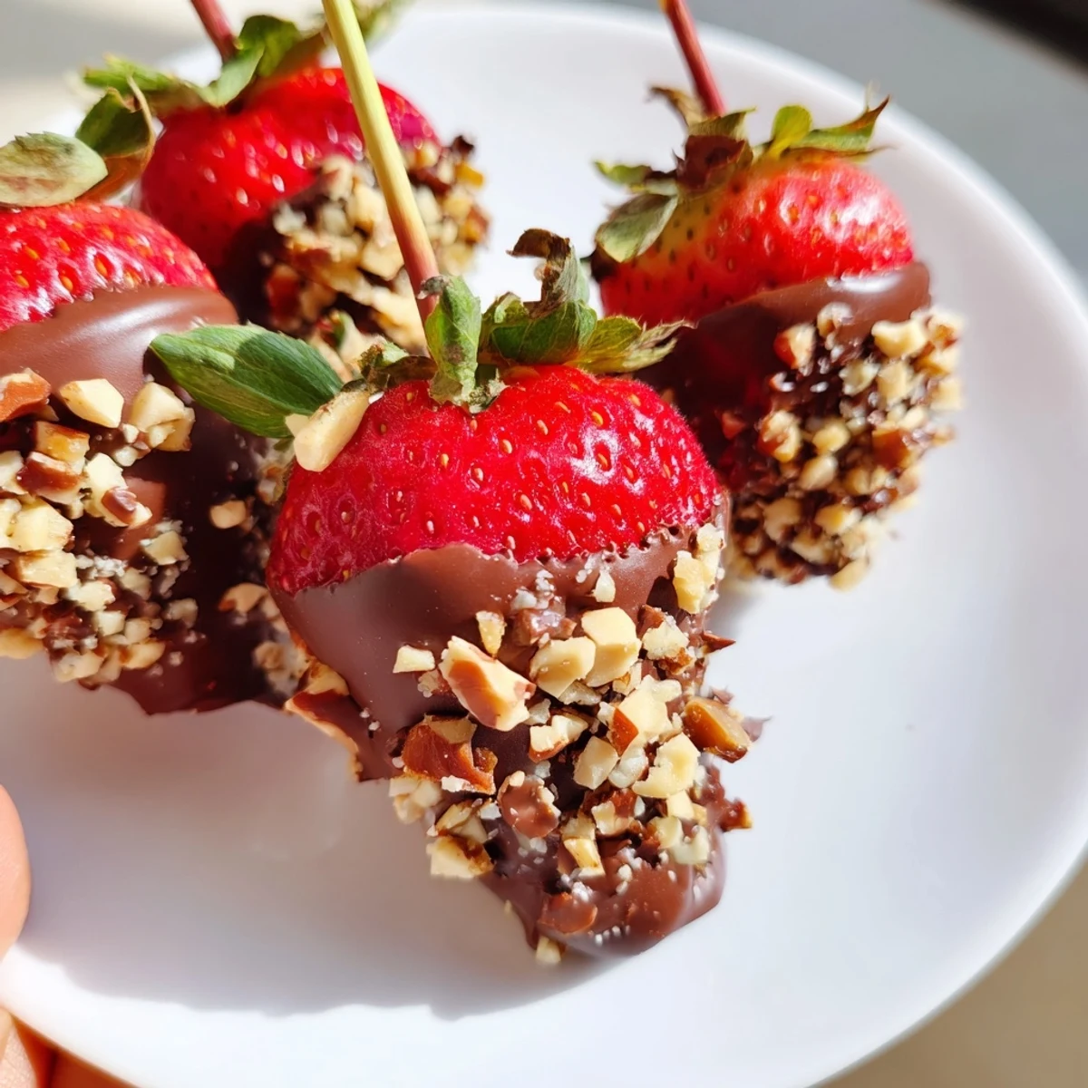 Plump strawberries coated in glossy chocolate and crunchy nuts, arranged on a rustic wooden serving board.