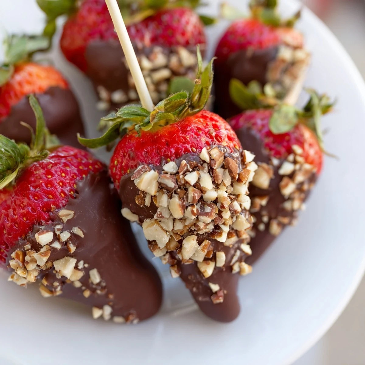 Chocolate Dipped Strawberries with Nuts glimmer on a parchment-lined tray, perfect for parties or date night.  