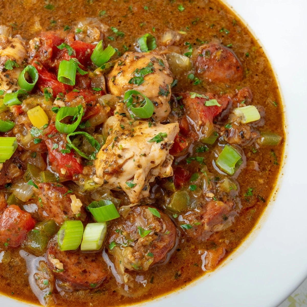Steaming bowl of Cajun Chicken and Sausage Gumbo served over white rice, garnished with fresh parsley and green onions.