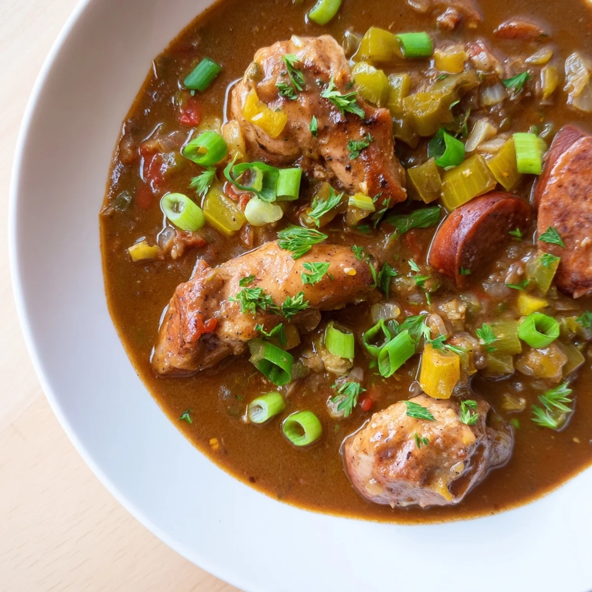 Hearty Cajun Chicken and Sausage Gumbo in a rustic bowl, featuring tender chicken, smoked sausage, and peppers in rich broth.