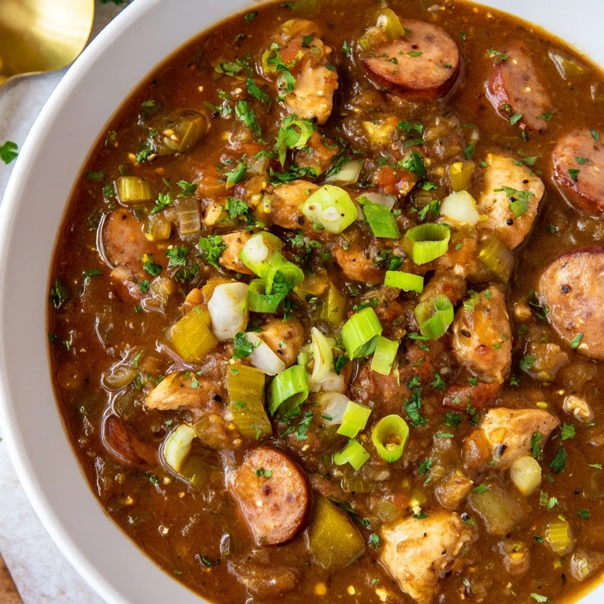 Close-up of Cajun Chicken and Sausage Gumbo with deep roux, andouille sausage slices, and aromatic vegetables in a Dutch oven.