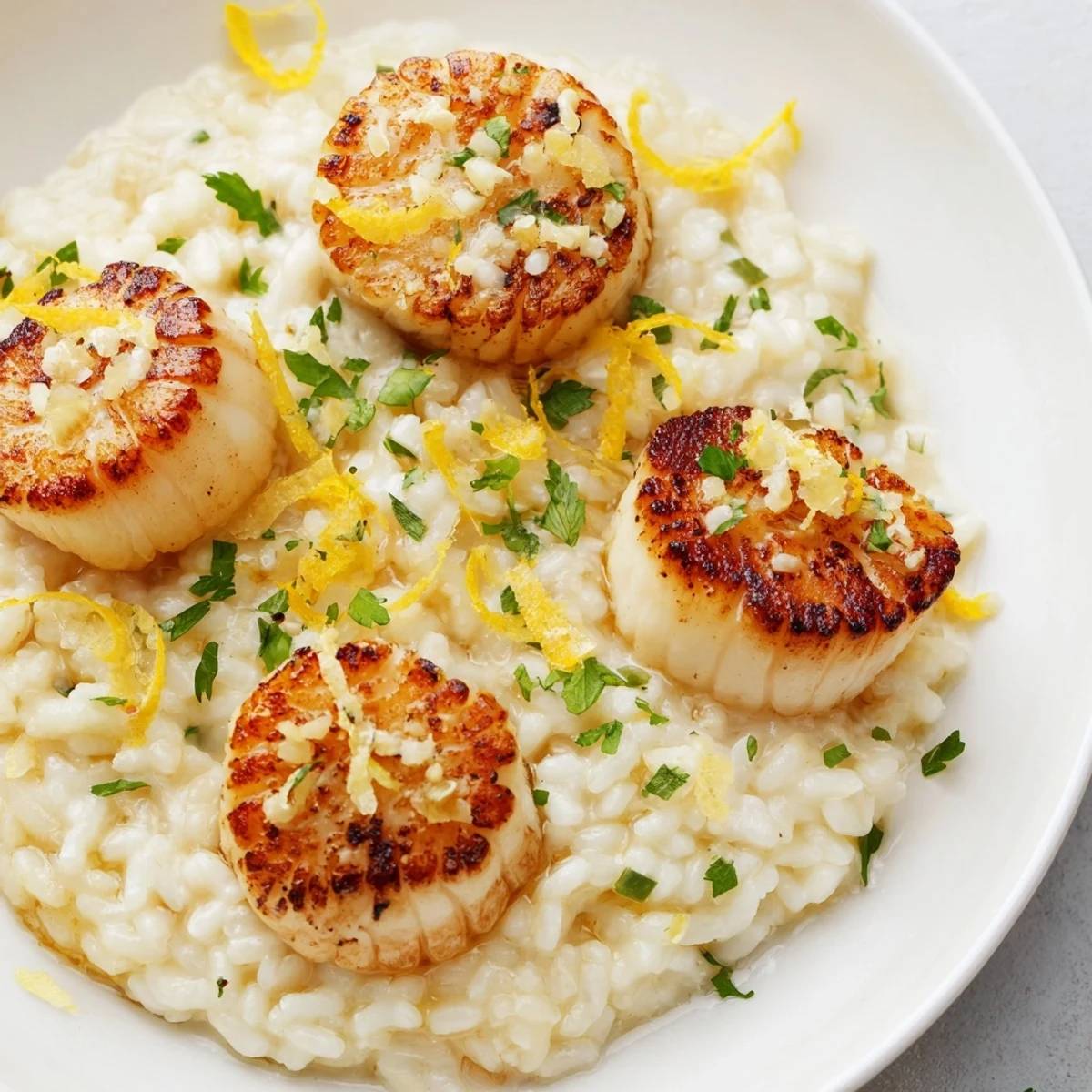 Golden seared scallops resting on a creamy bed of parmesan risotto, garnished with fresh parsley and lemon zest for a bright finish.