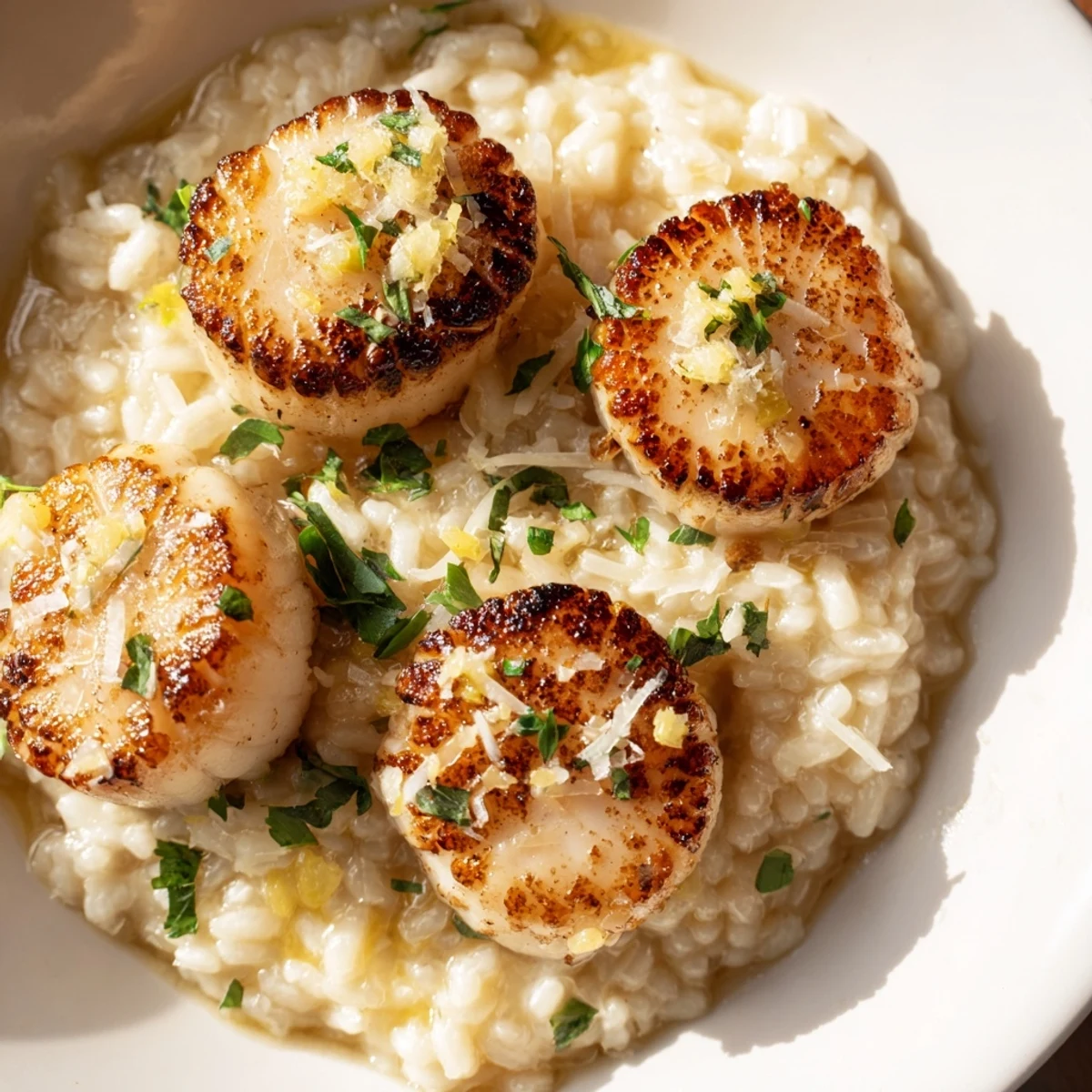 Close-up of pan-seared scallops with golden edges, served on vibrant lemon garlic risotto, highlighting the rich texture and fresh herbs.
