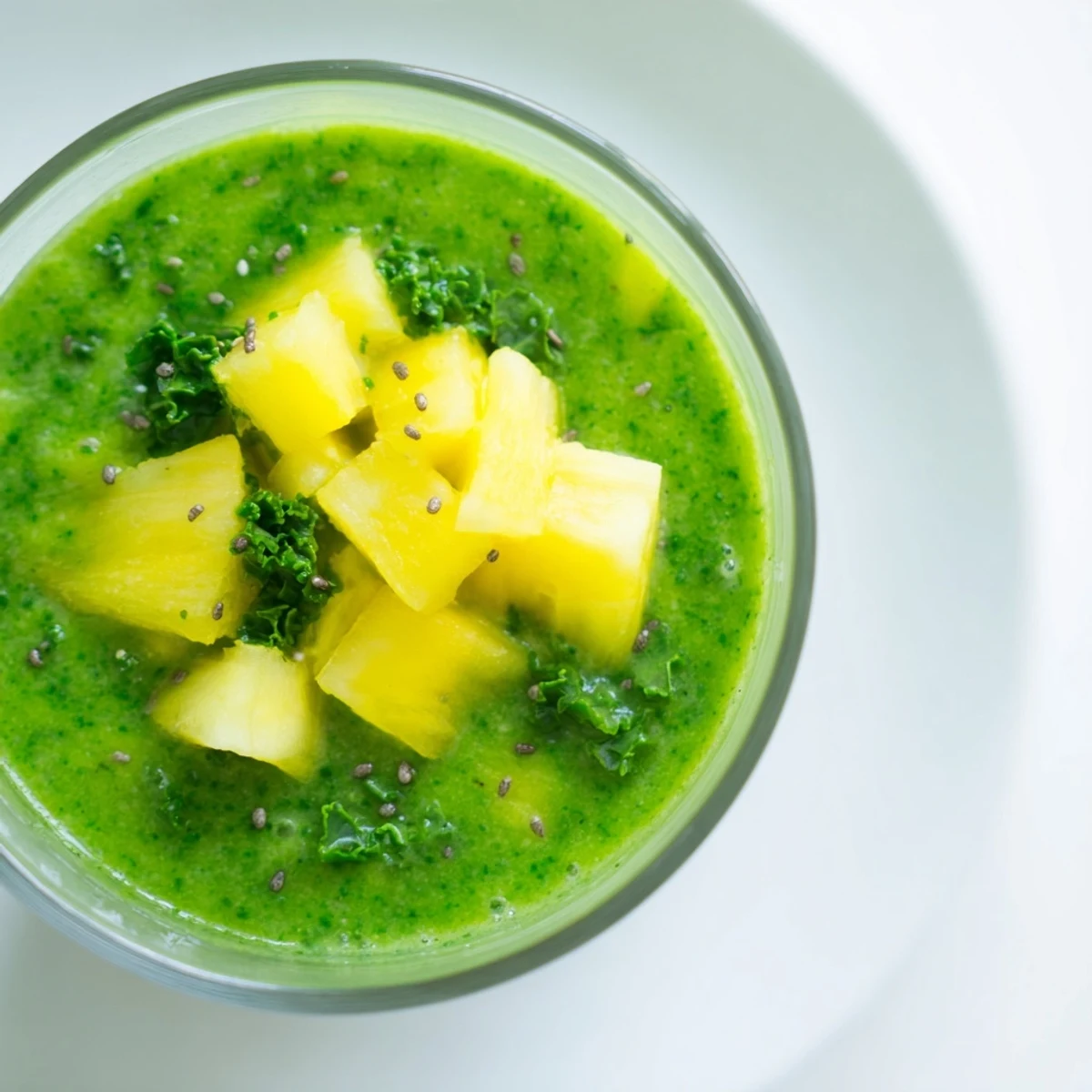 A tall glass of green smoothie with kale and pineapple, garnished with fresh mint and a pineapple slice.  