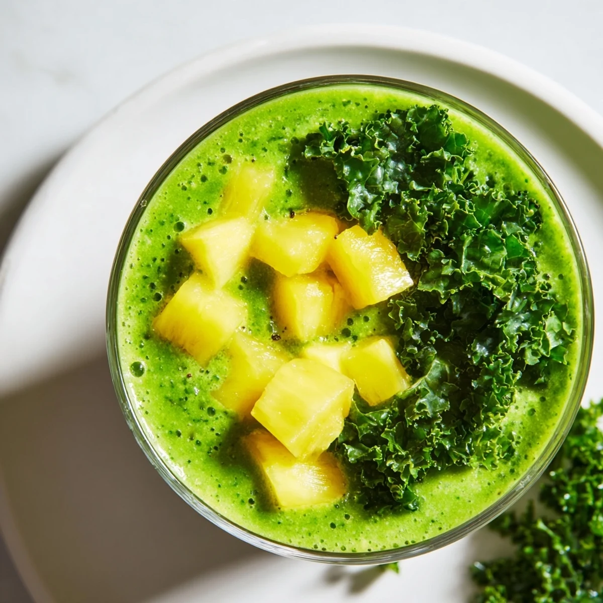 A close-up of green smoothie with kale and pineapple topped with chia seeds and a lemon wedge.  