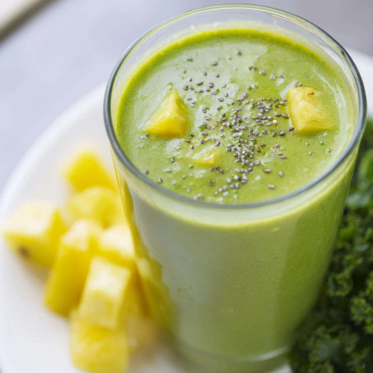 Blender pouring a vibrant green smoothie with kale and pineapple into two clear serving glasses.