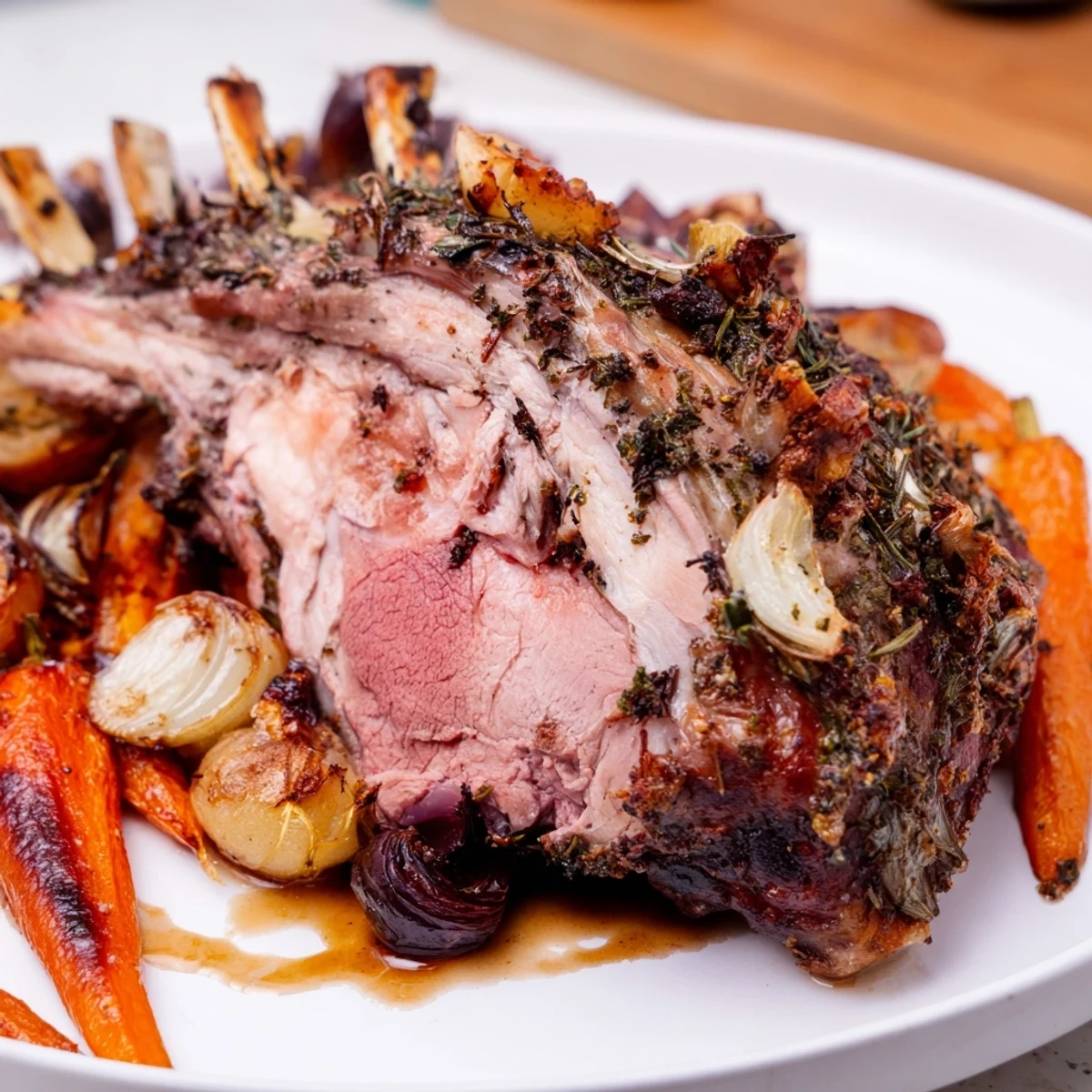 A perfectly carved slice of roasted lamb leg with rosemary and garlic, served with roasted carrots and onions on a rustic platter.  