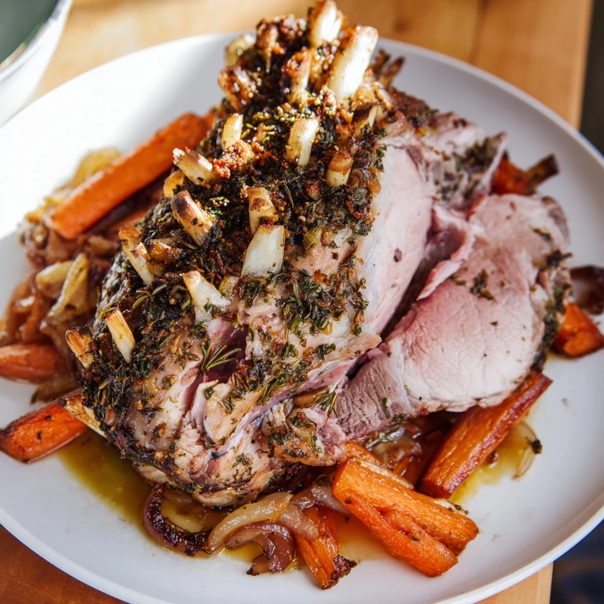 Succulent roasted lamb leg infused with rosemary and garlic, plated with pan juices and roasted root vegetables for a Mediterranean feast.