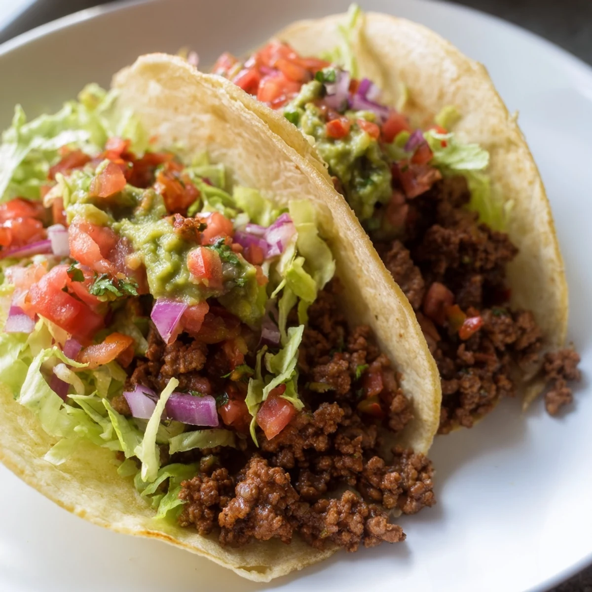 A close-up of Beef Tacos with Homemade Salsa and Guacamole, featuring creamy guacamole and shredded lettuce on soft tortillas.  
