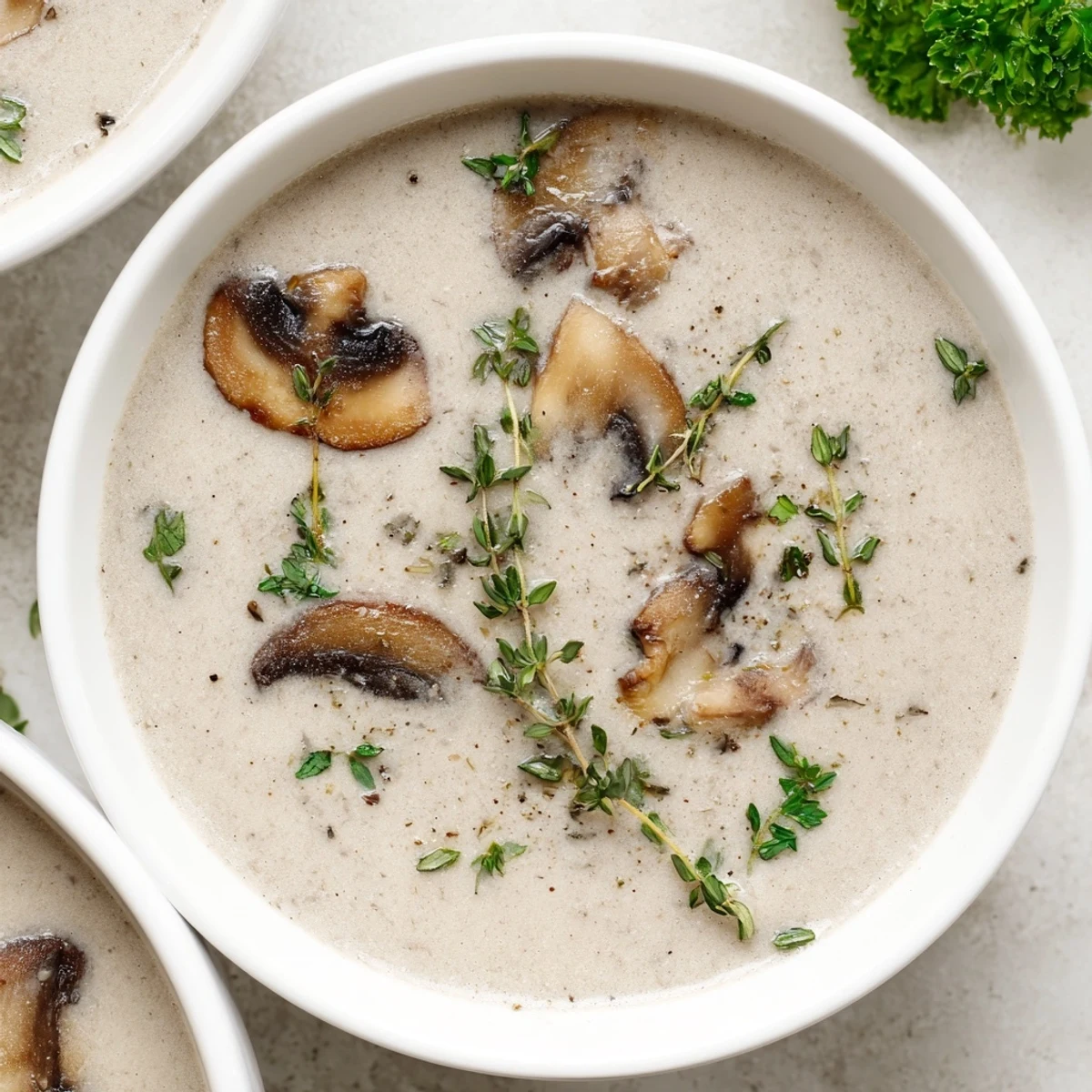 A warm bowl of Creamy Mushroom Soup with Thyme garnished with fresh parsley and a swirl of cream.  