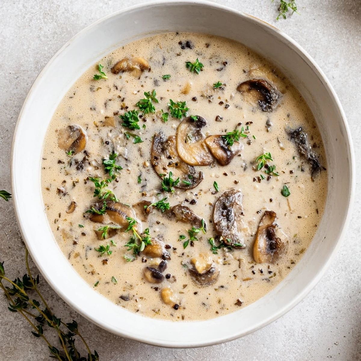 Close-up of velvety Creamy Mushroom Soup with Thyme and rustic bread for dipping.  