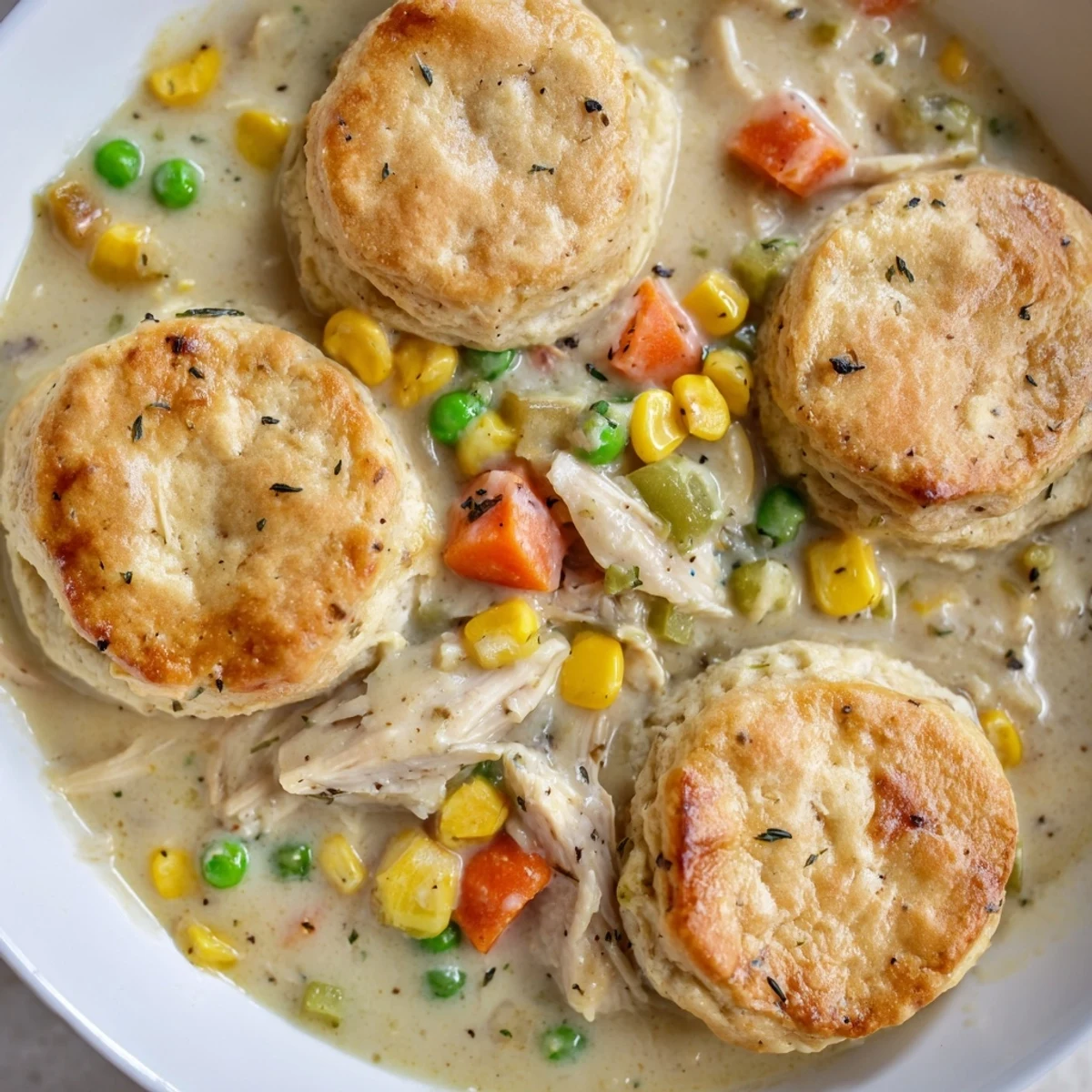 Rustic spoon dips into bubbling Chicken Pot Pie Soup beneath biscuit crust, golden and inviting for serving.