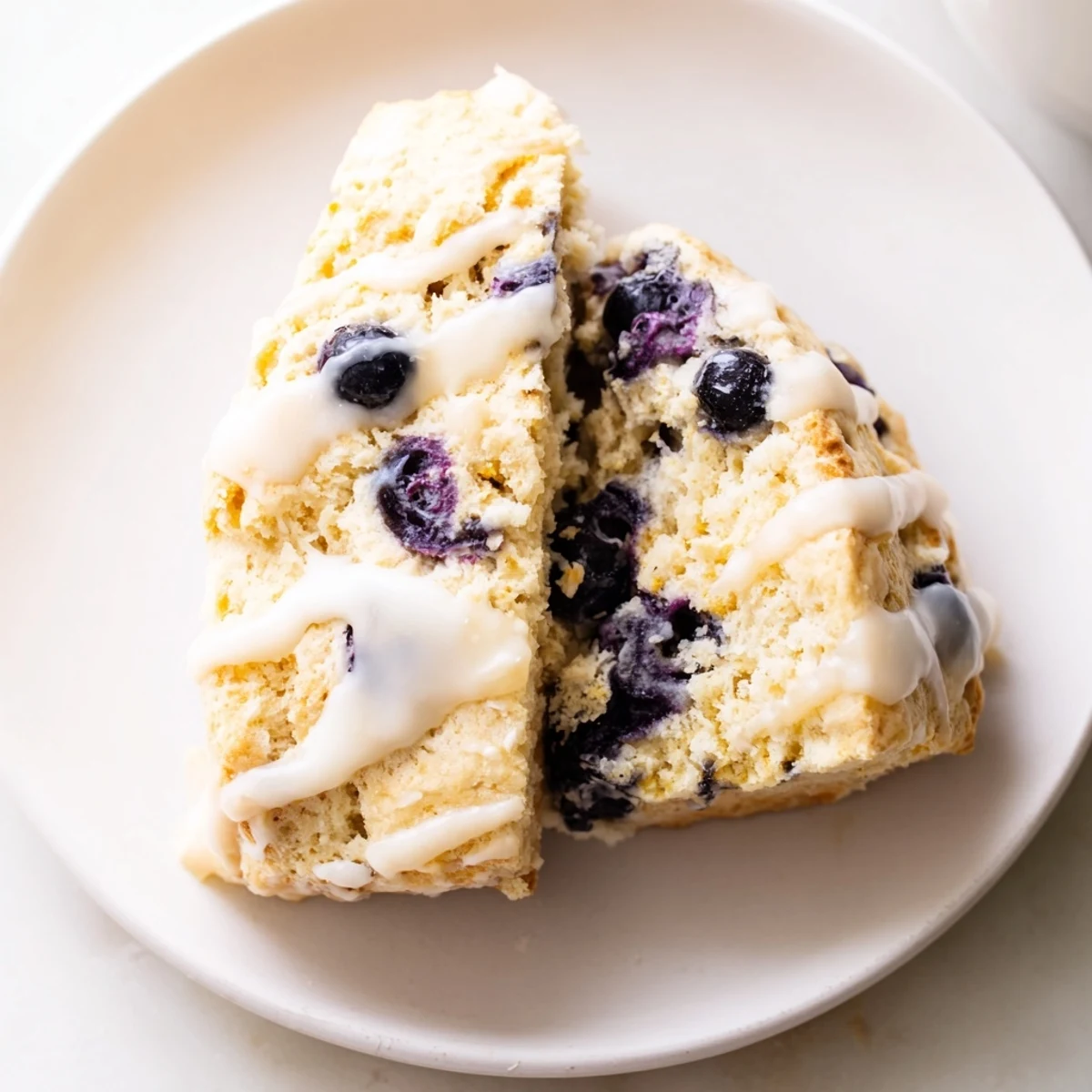 A close-up of Lemon Blueberry Scones with Vanilla Glaze drizzled over golden-brown wedges, showing juicy blueberries inside.