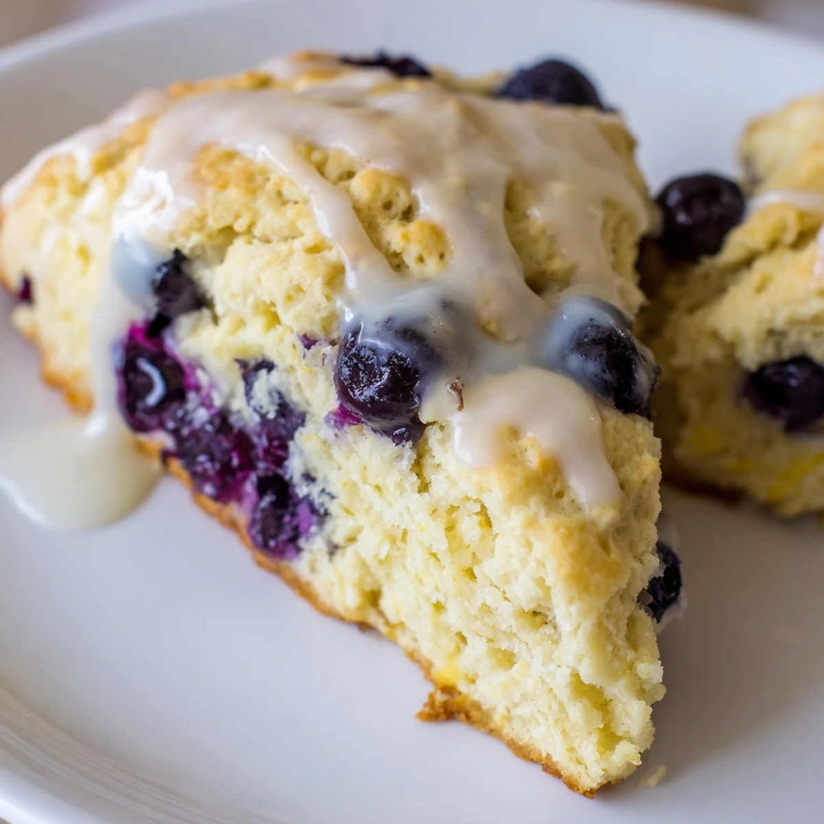 Freshly baked Lemon Blueberry Scones with Vanilla Glaze on a rustic wooden table, perfect for an American breakfast.