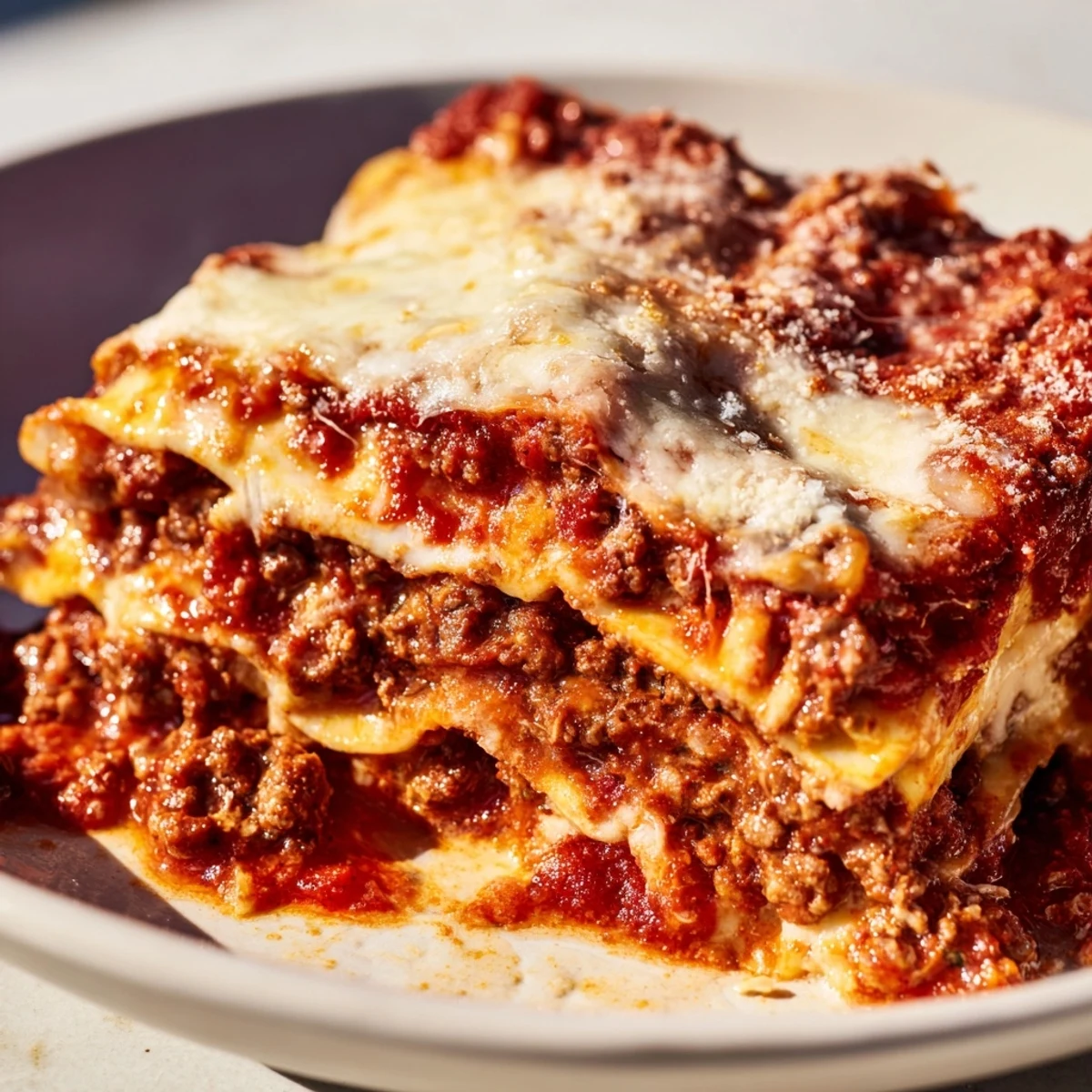 Close-up of Classic Beef Lasagna with Homemade Marinara, layers of pasta, rich beef ragù, and melted mozzarella cheese bubbling in the oven.
