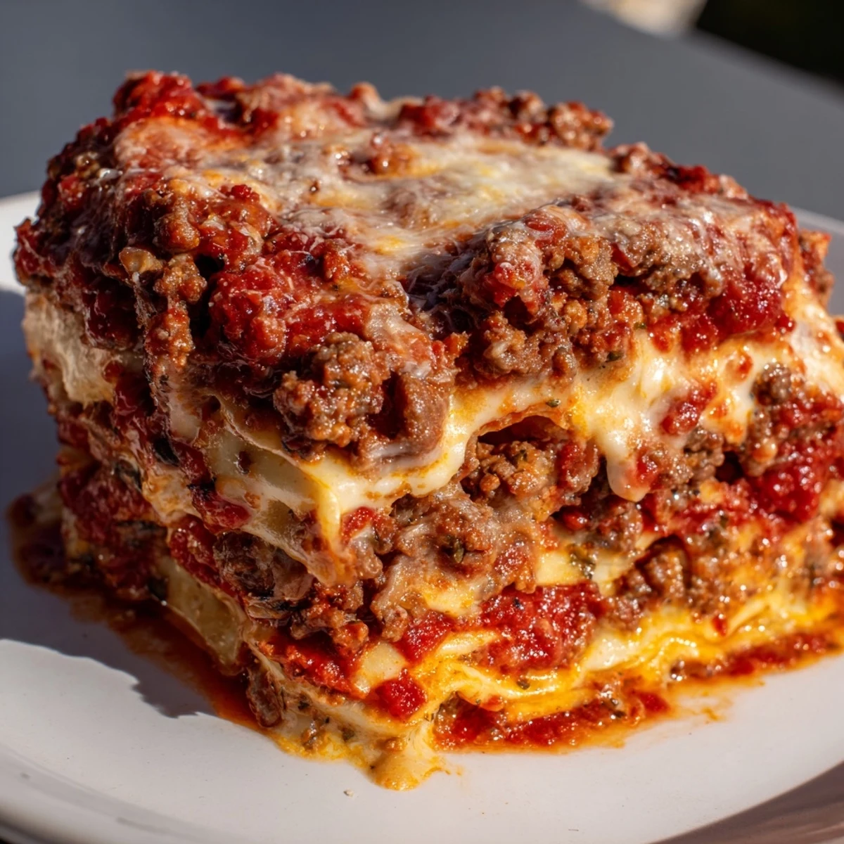 Classic Beef Lasagna with Homemade Marinara baked golden brown, served on a rustic wooden table with fresh basil garnish for dinner.