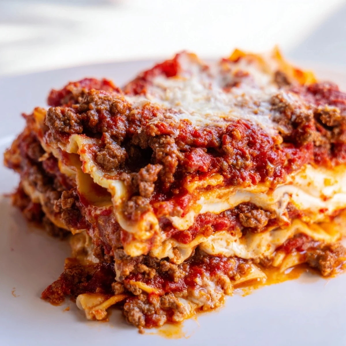 Slice of Classic Beef Lasagna with Homemade Marinara reveals creamy béchamel, hearty beef layers, and vibrant red sauce on a ceramic plate.