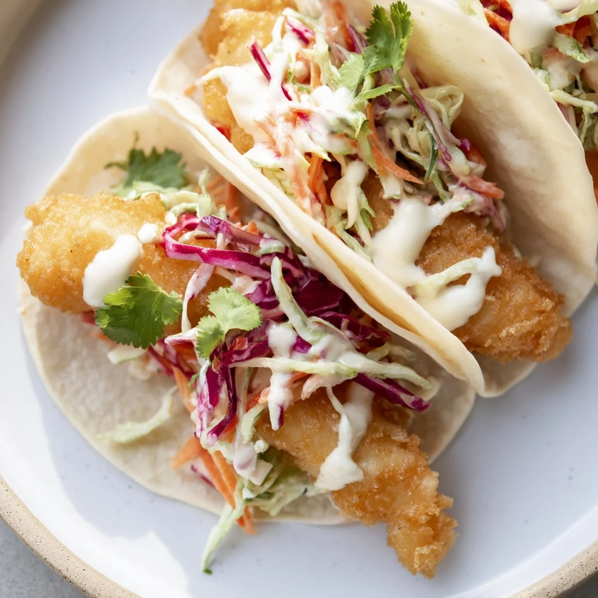 A close-up of Crispy Fish Tacos with Cabbage Slaw stacked on a plate, garnished with fresh cilantro and lime wedges.