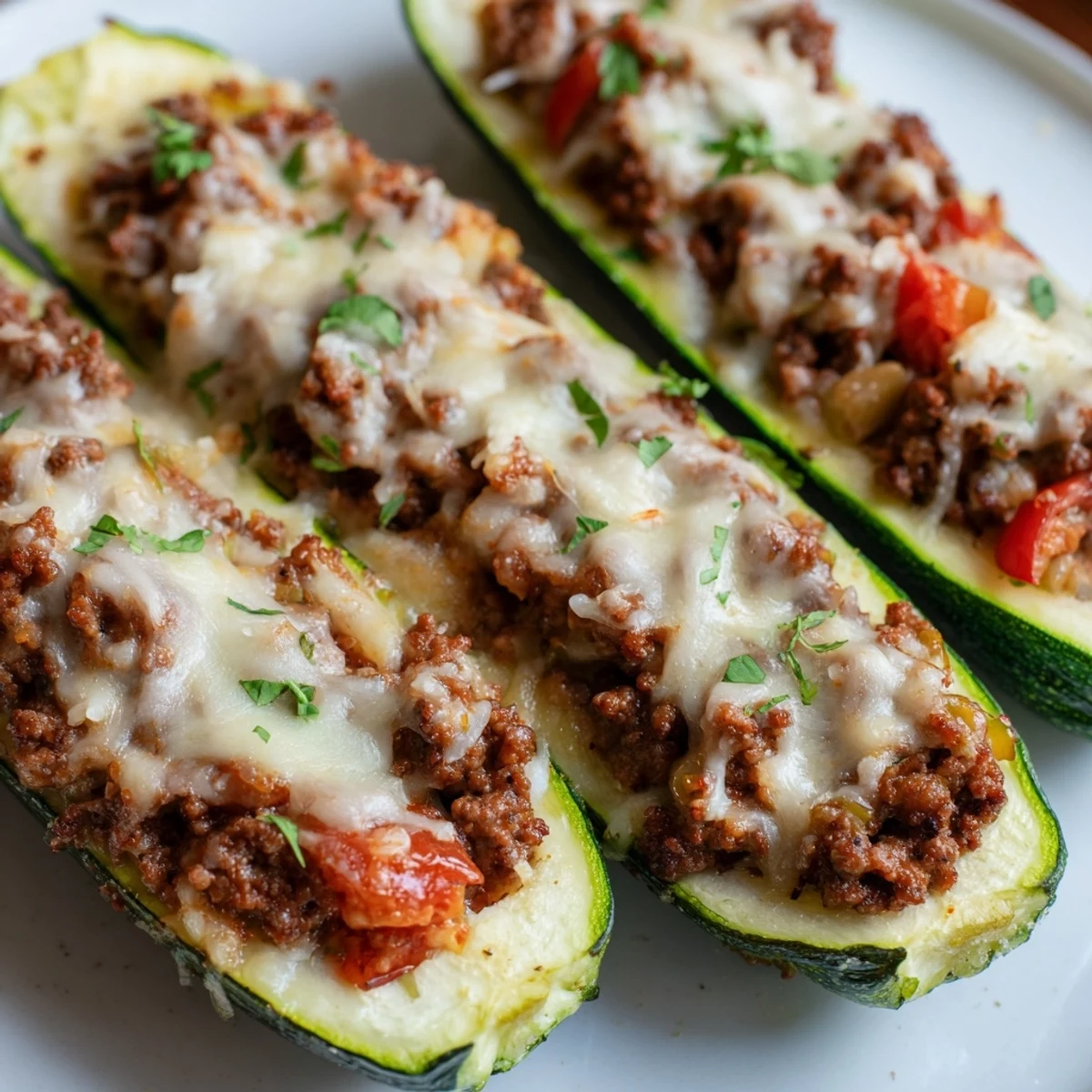 Golden melted mozzarella and Parmesan top these Zucchini Boats Stuffed with Ground Beef, served hot on a white plate.