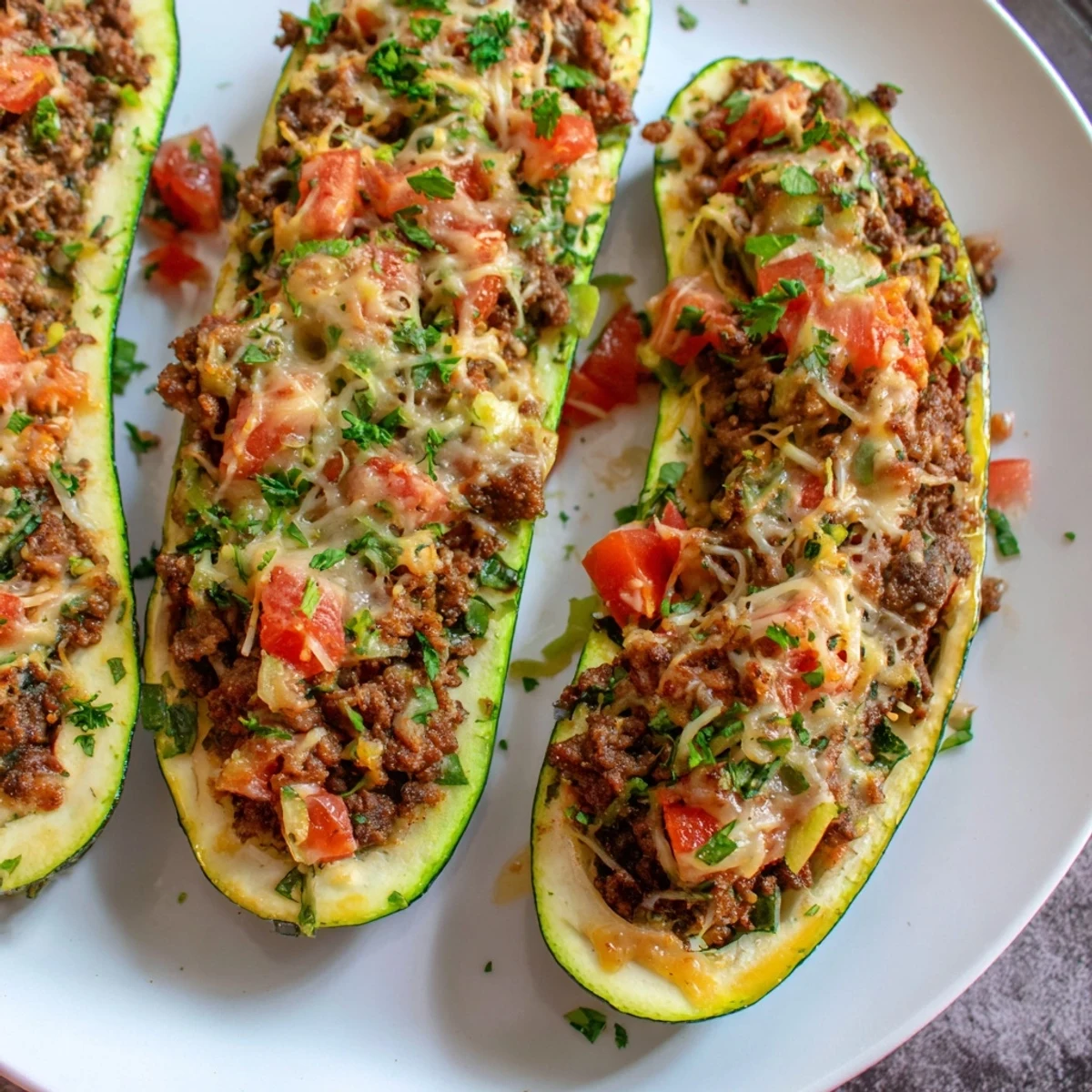 Savory ground beef and herbs fill tender baked Zucchini Boats Stuffed with Ground Beef for a low-carb dinner.
