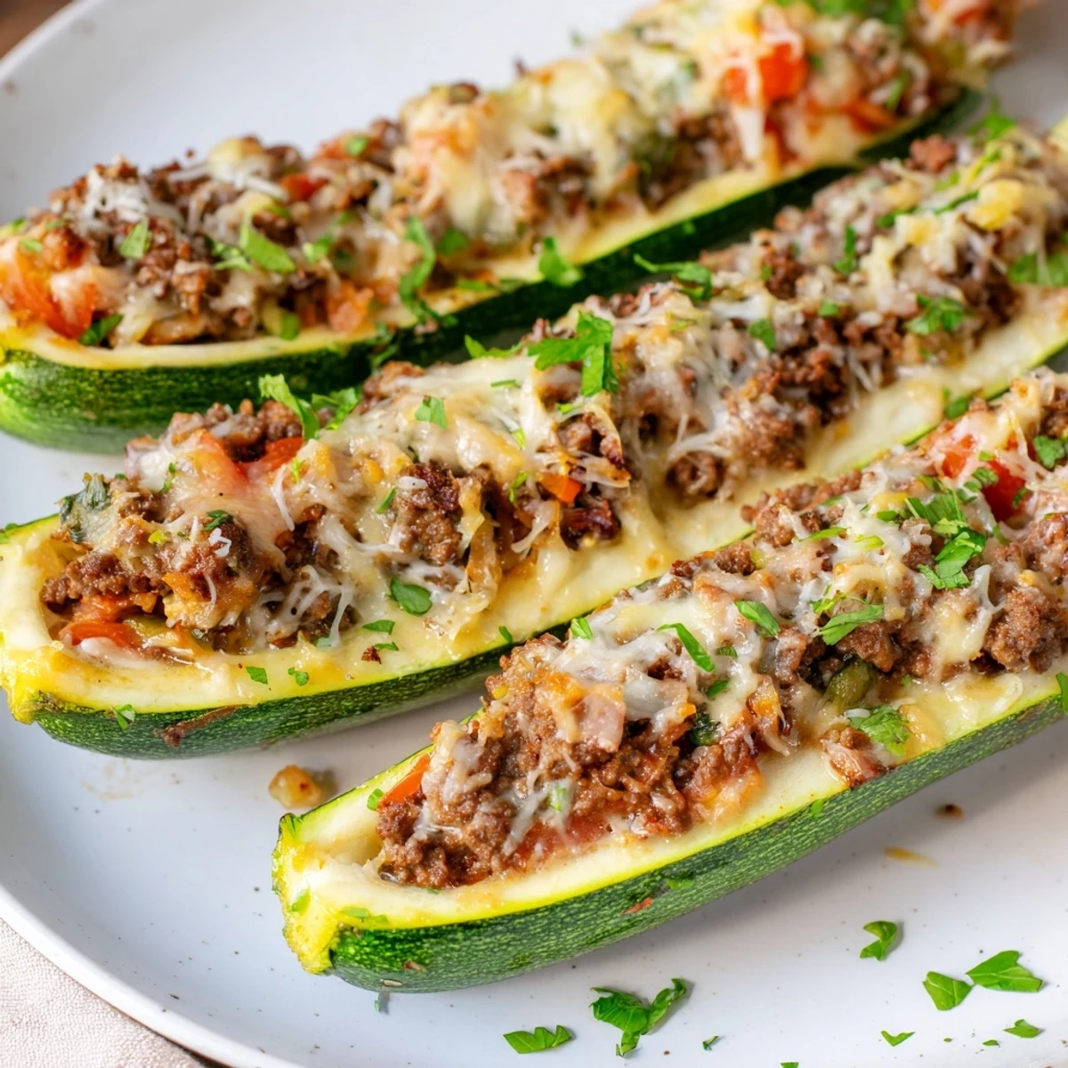 Zucchini Boats Stuffed with Ground Beef plated beside a green salad, perfect for a healthy American weeknight meal.